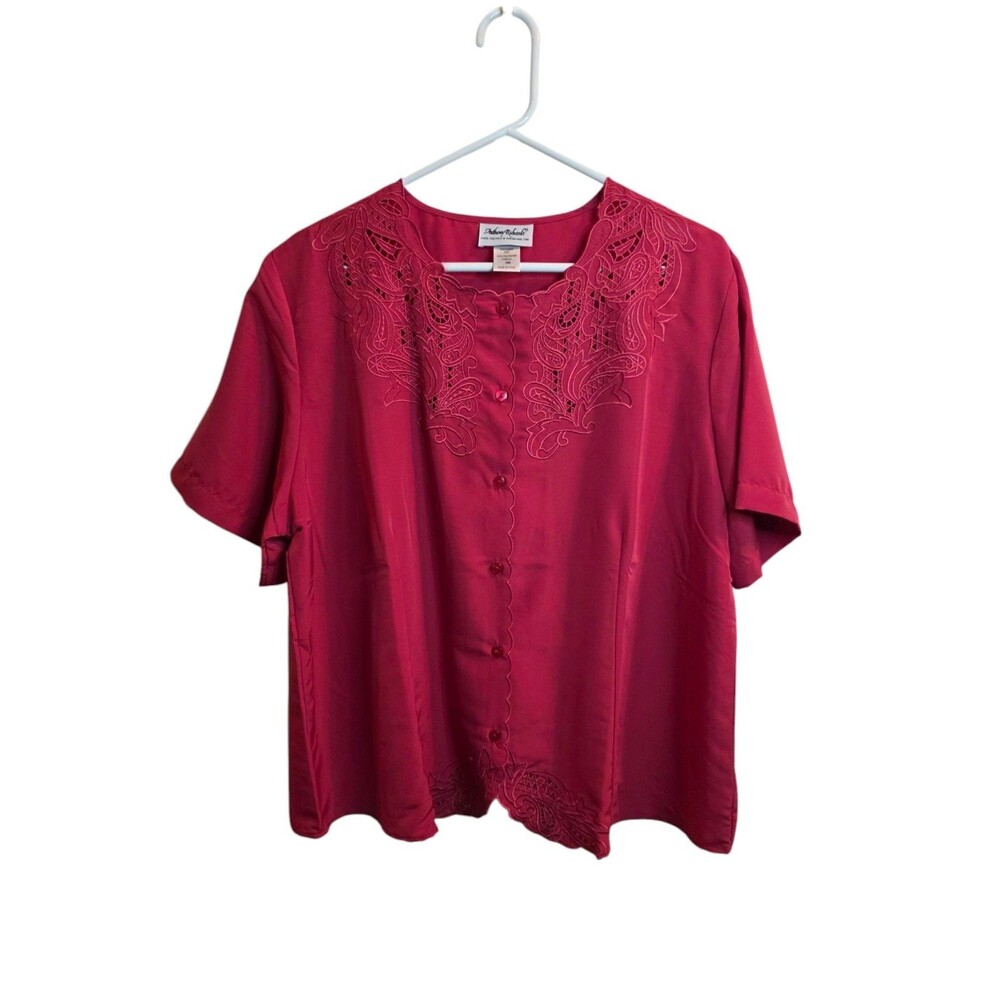 Anthony Richards Vintage Satin Button Front Embroidered Short Sleeve Blouse 18W